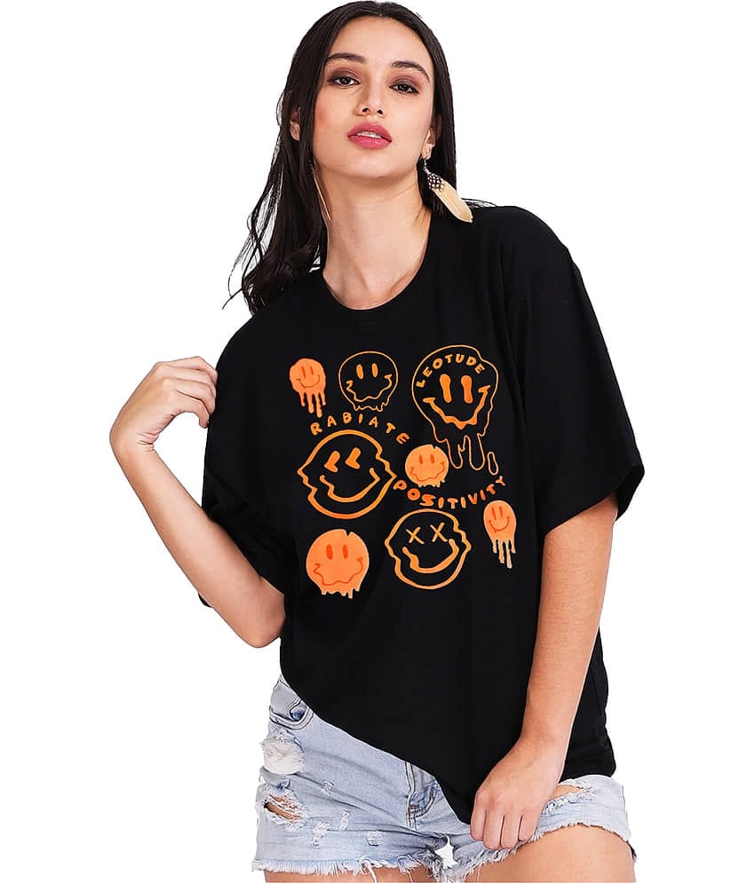 Leotude Women Cotton Blend Printed Oversized Fit Round Neck T-Shirt ( Black )