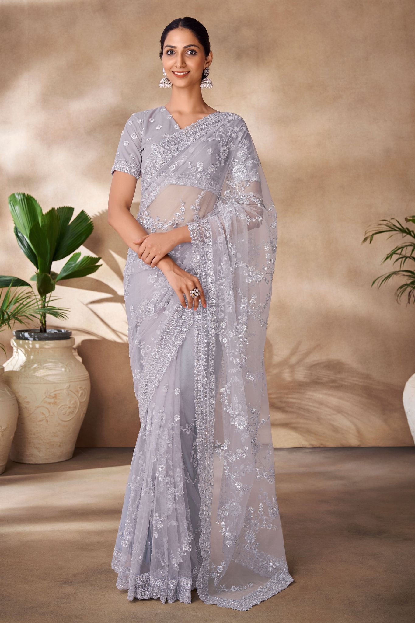 Grey Embroidered Net Saree