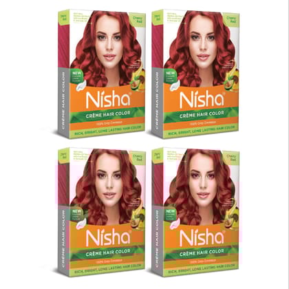 Nisha Creme Hair Color Cherry Red 40g Pack of 4, Permanent Hair Color for Women Men, 100% Grey Coverage