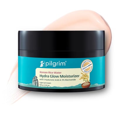 Pilgrim Korean Rice Water Hydra Glow Moisturizer 100Gm with 5 Hyaluronic Acids, 3% Niacinamide, 5 Ceramides | 5x Hydration & Instant Glass Skin | Oil-Free, Lightweight Gel | All SkinTypes | Women,Men Pilgrim Korean Rice Water Hydra Glow Moisturizer 100Gm