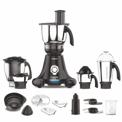 Vidiem Tusker Nero 750W Juicer Mixer Grinder with 5 Jars | Powerful Motor | 2.5L SS Multi Chef Jar | High Torque Gearbox | Veg Cutter & Grater | Indian Cooking Mixer Grinder Vidiem Tusker Nero 750W Juicer Mixer Grinder with 5 Jars | Powerful Motor | 2.5L