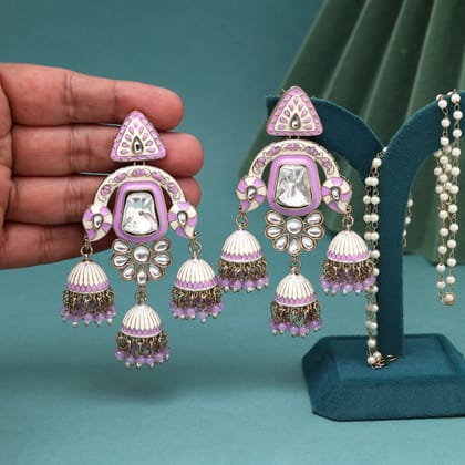 Light Purple Color Kundan Meenakari Earrings-Chain Length: 12.00 CM / Purple / Alloy With Good Quality Gold Plated
