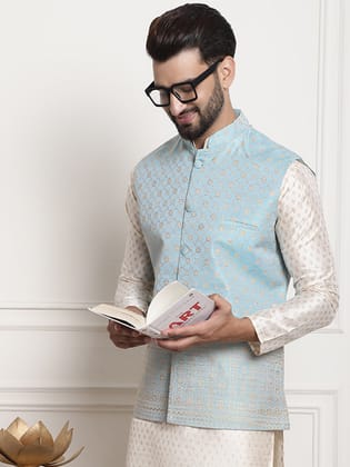 Men's Jacquard Silk, Blue with traditional Work On Bottom-36