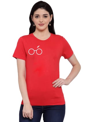 Women's Cotton Blend Right Corner Black Eye Glasses Line Art Printed T-Shirt XL (Red)