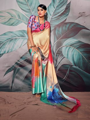 Multicolor Bollywood Digital Printed Satin Crepe Saree