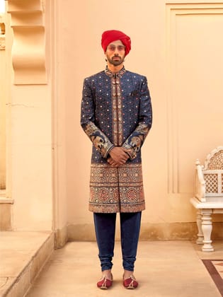 Navy Blue Printed silk Indowestern Kurta Set for Men