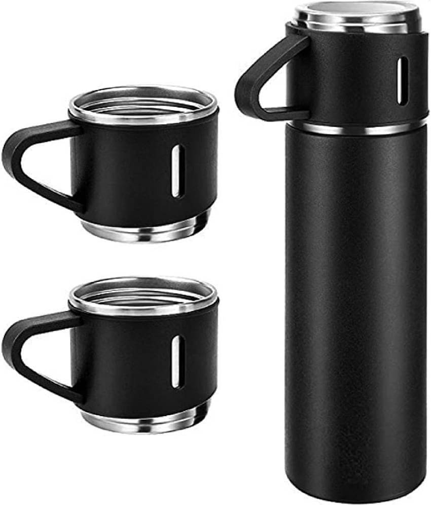 500ml Stainless Steel Black Vacuum Insulated Thermos Flask Water Bottle with 3 Tea Cups Set with Gift Box
