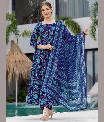 Eeloo Women Cotton Embroidered Straight Kurti With Pants ( Blue )