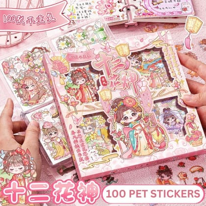 Cute Anime Girl Washi Sticker Pack (100 PCS) – Twelve Flower God Theme Aesthetic Adhesive Decals for Bullet Journals, Scrapbooks, DIY Crafts & Kids Art