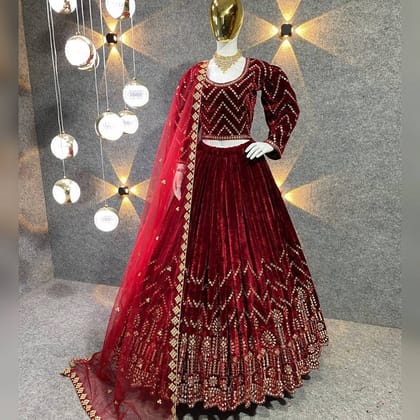 Red Colour Embroidered Attractive Party Wear viscose Velvet Lehenga choli