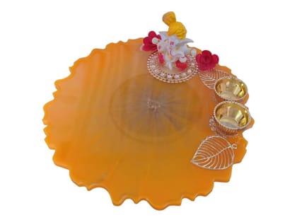 ART2ARTIST Handmade Big Pooja Aarti Thali/Plate Decorative Set for Temple Mandir Wedding Rakhi Diwali House Warming Return Gift | 8 Inch (Orange)
