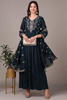 Plus Size Indigo Blue Silk Blend Solid Embroidered Anarkali Style Suit Set PKSKD2060