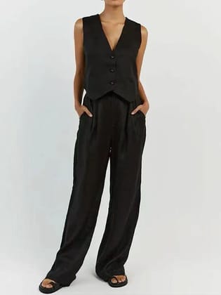Waist Coat Vest & Wide Leg Pants Coord Set-S / BLACK