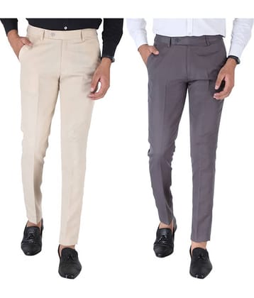 SREY Cream Slim -Fit Flat Trousers Pack of 2
