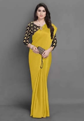 ANSH Womens Satin Solid Saree length (5.5m) & Blouse Piece Size (0.8m) (Yellow)