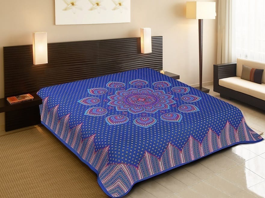 3001-Hometrade India-Standard King Size (90*108 Inches)-Pure Cotton Jaipuri Double Bedsheet With Matching Pillow Cover