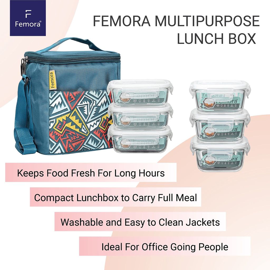 Femora Borosilicate Glass Microwave Safe Container Multipurpose Lunch Box for Office, Blue, Square-300 ml (2 Container), Rectangle-620 ml (1 Container)
