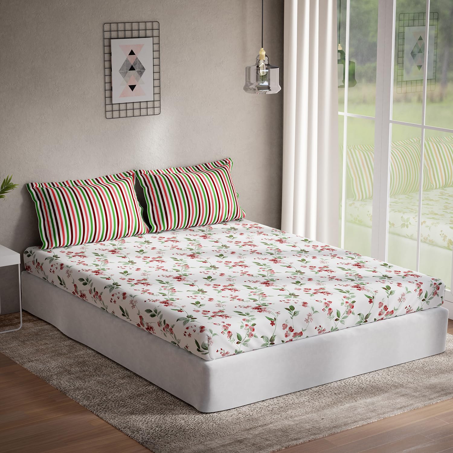 DDECOR - Optima Collection 100% Cotton Floral Pattern 144TC Queen Bedsheet |224 CM X 254 CM| with 2 Pillow Covers - Red