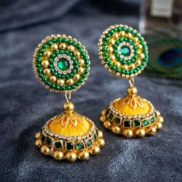 Yellow silk thread kundan jhumka