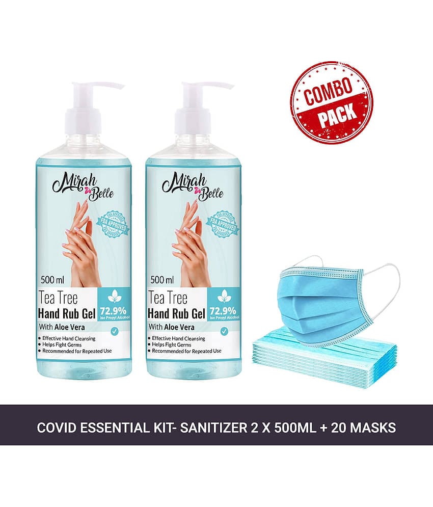 Mirah Belle Tea-Tree Aloe Vera Hand Rub Gel 500ml(Packof 2) & 20 Masks Sanitizers 1000 mL Pack of 2