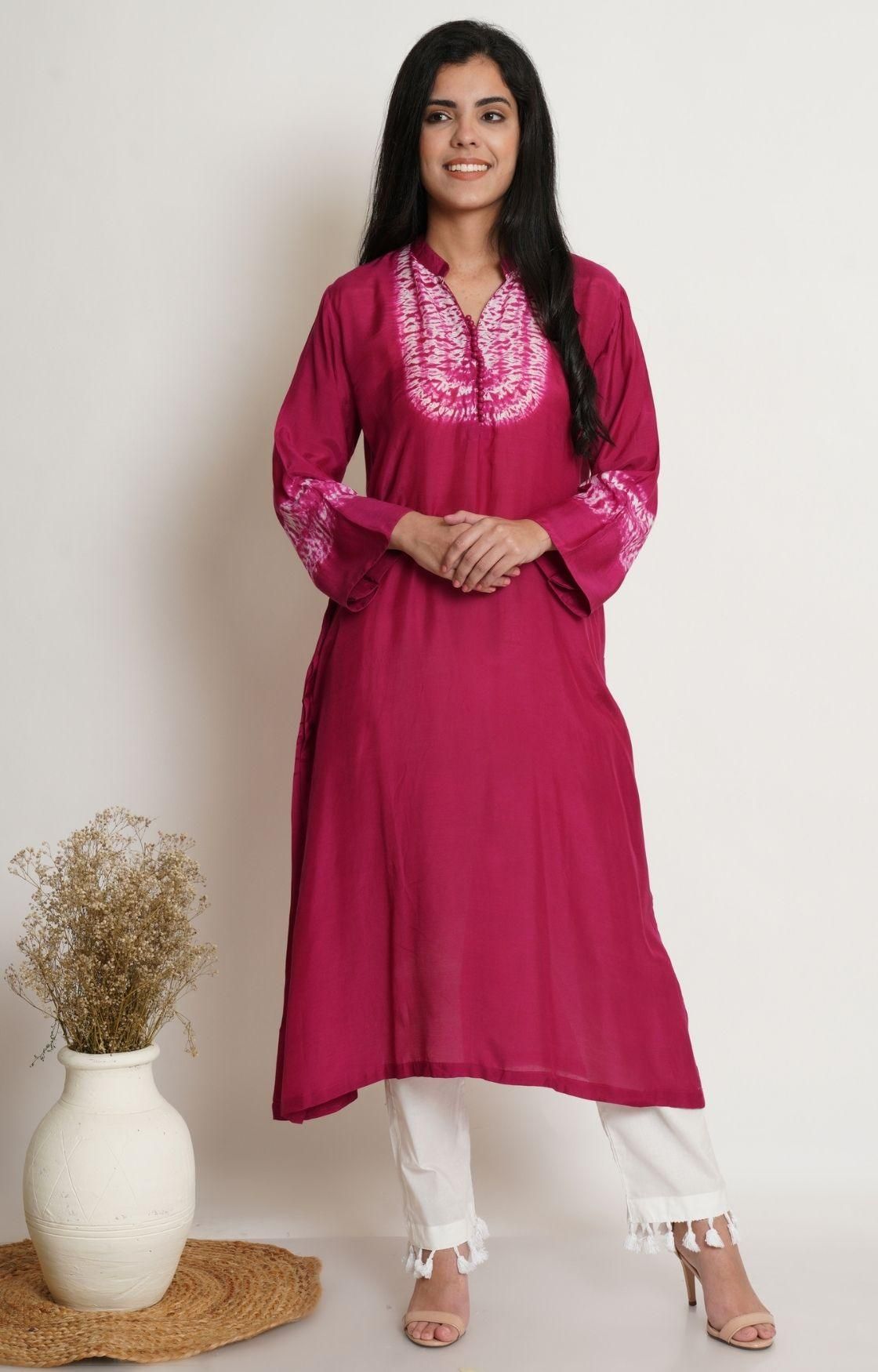 Wine Pink Shibori Yoke Kurta Set-S