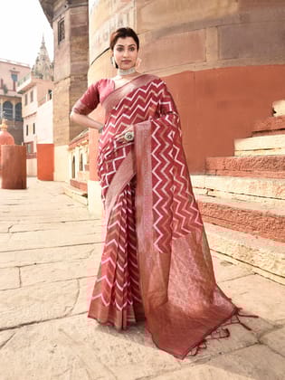 Brick Red Linen Ikkat Zig Zag Jacquard Weaving Saree