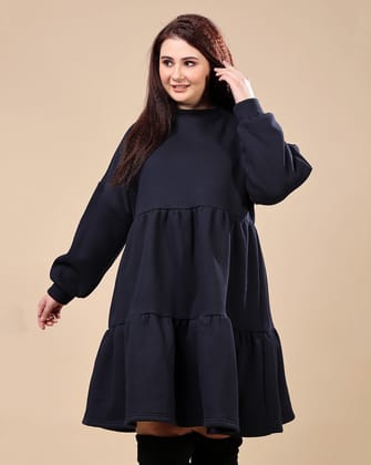 Blue Solid Frill Dress-L / Blue