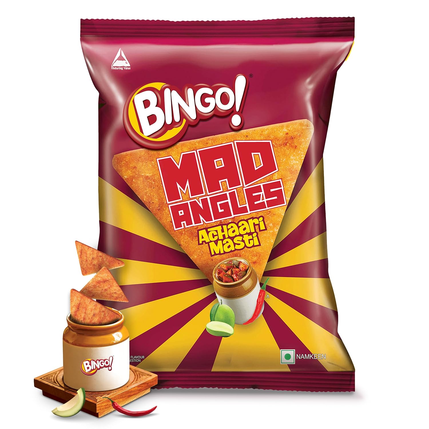 Bingo! Mad Angles Achaari Masti  Mango Pickle Flavour Crunchy Triangle Chips Pack - 30gm
