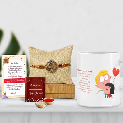Designer Peacock Rakhi with Mug for Brother and Roli Chawal Pack, Best Wishes Greeting Card