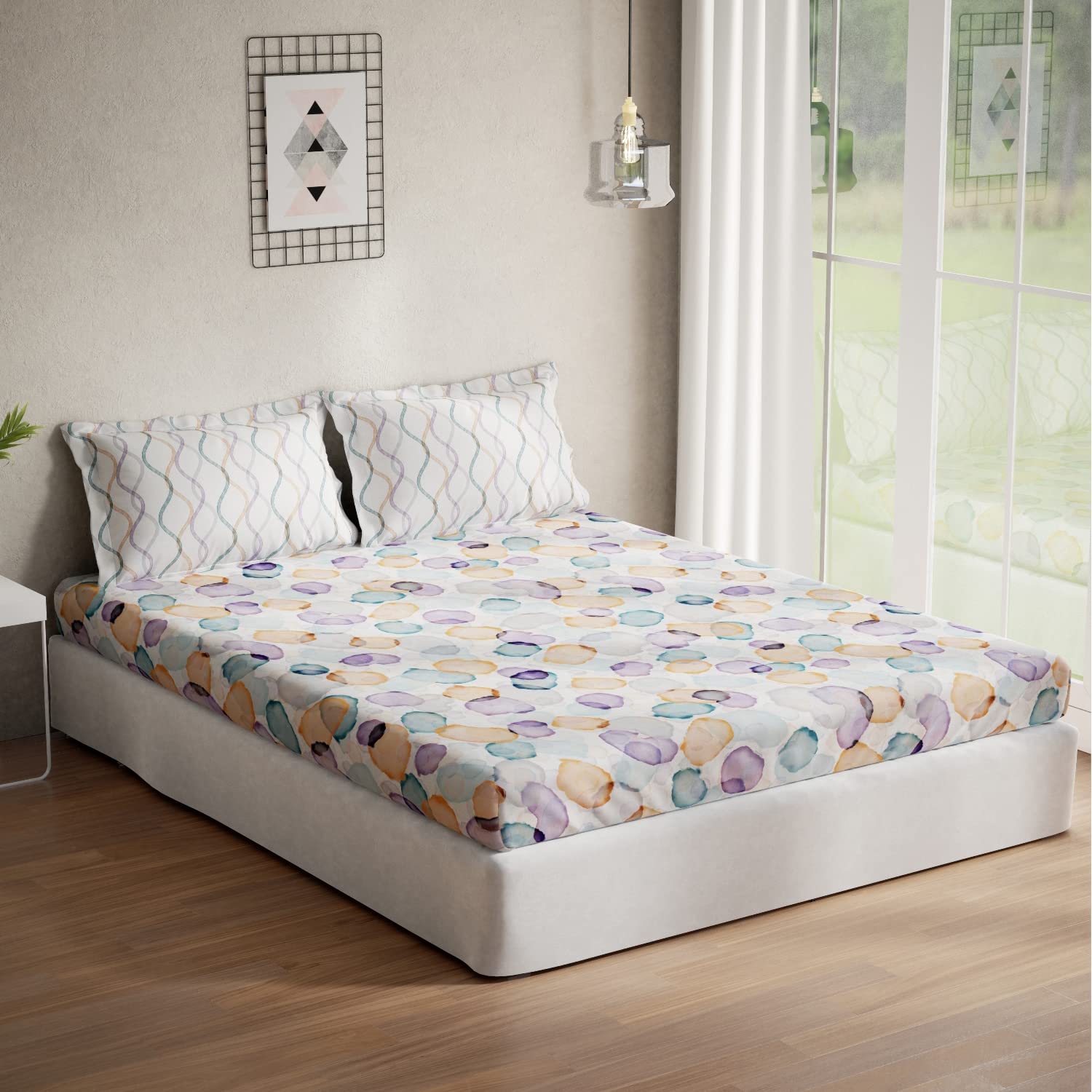 DDECOR - Optima Collection 100% Cotton Abstract Pattern 136TC Queen Bedsheet |224 CM X 254 CM| with 2 Pillow Covers - Blue