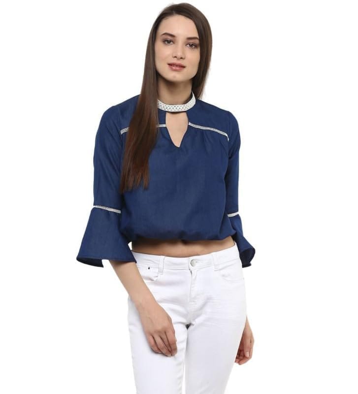 Women's Polyester Solid Bell Sleeve Regular Top (Blue, XL)-PID55876