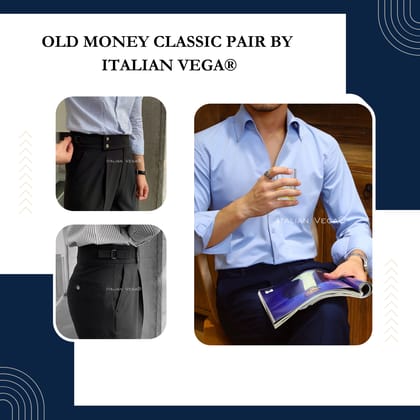 Old Money Powder Blue Shirt with Black Signature Buttoned Gurkha Pant by ITALIAN VEGA®-M / 28