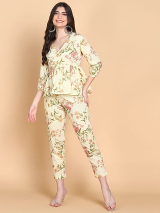Pastel Yellow Co-ord Set with Floral Print-L