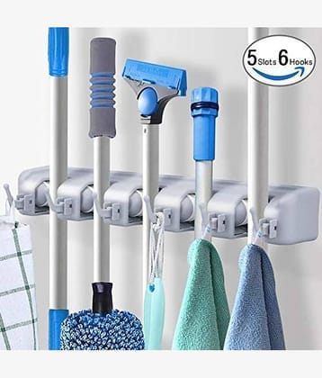 Mop,Wiper & Broom Holder, 5 Slot Position with 6 Hooks Storage Holder Wall Mounted, Plastic, Multicolour