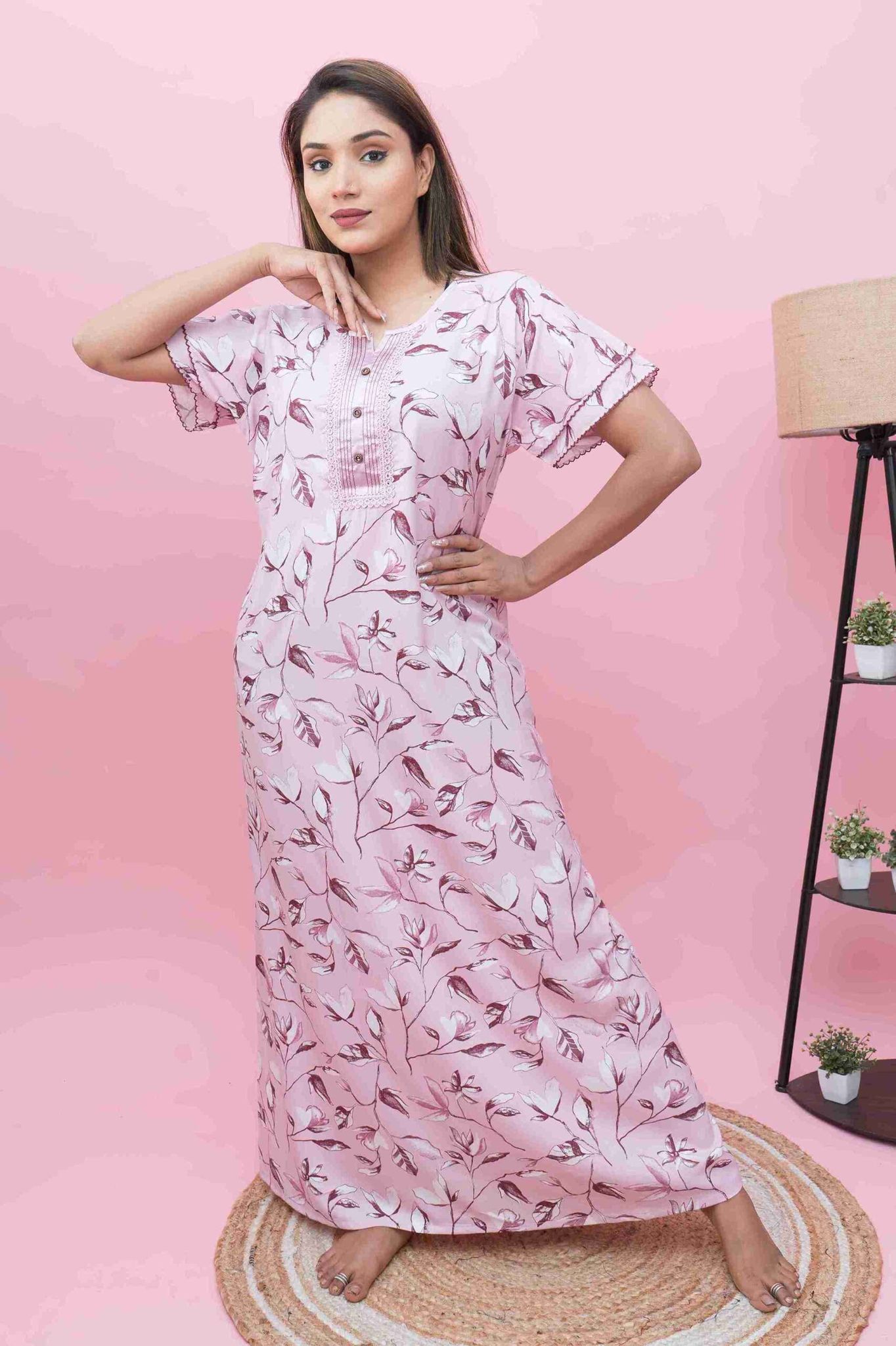 Designer Women's Nighty with Lace | A-Line Silhouette | Lightweight & Cozy Night Dress