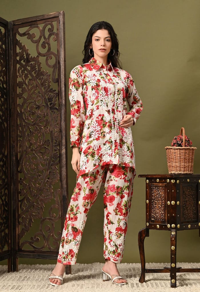 Chikankari Cord Set in Mulmul Set - Floral Print Red