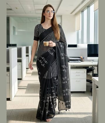Kashvi Sarees Cotton Printed Kasavu Saree With Unstitched Blouse Piece ( BLACK )