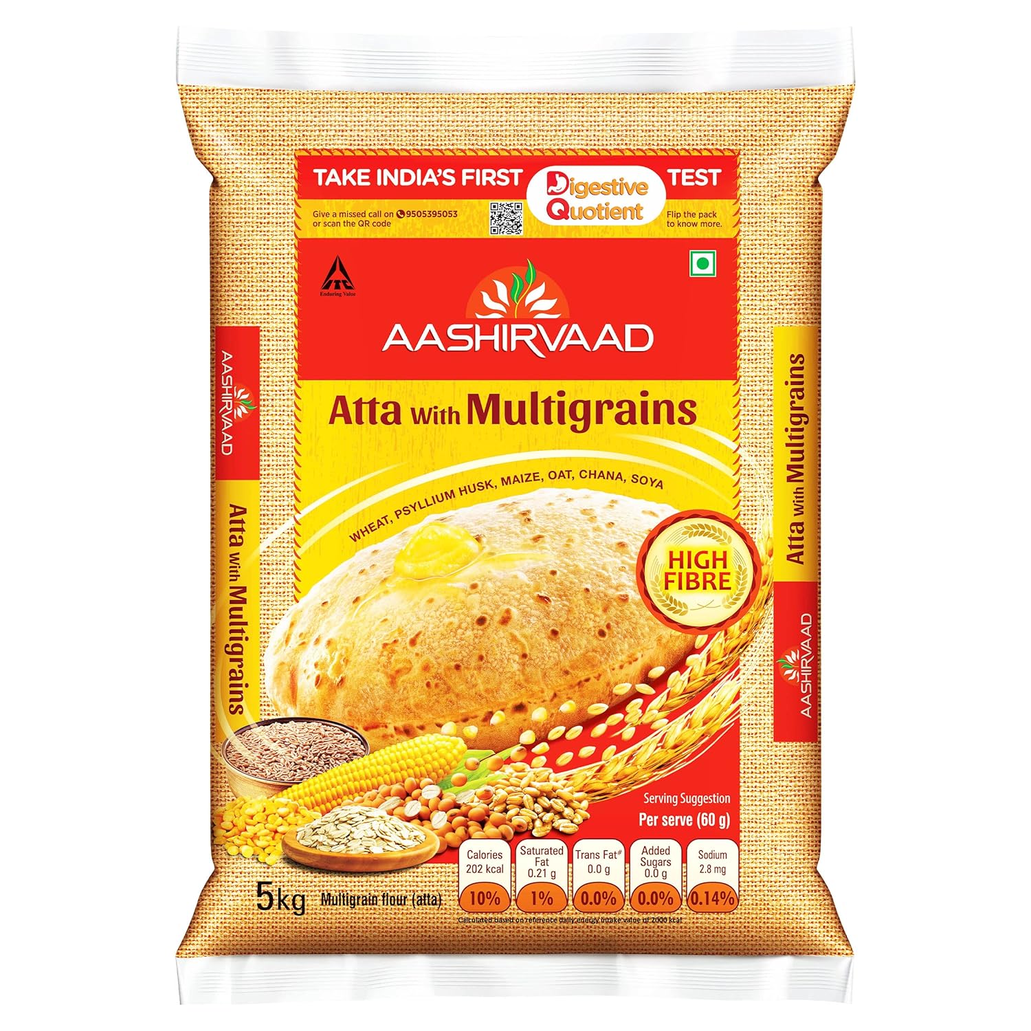 Aashirvaad Atta With Multigrains, The High Fibre Atta, 5Kg Pack OF 5