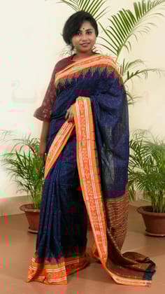Navy Blue Orange Jharana Khandua Cotton Saree