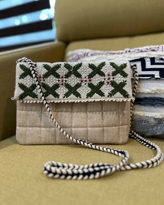 KRI India Raw Green Leaf Hand Embroidered Krī Sling |jute and textured cotton| 7.5x11 inches  | Wash & Care | 100% Cotton | Handcrafted in India. 100% organic & natural.