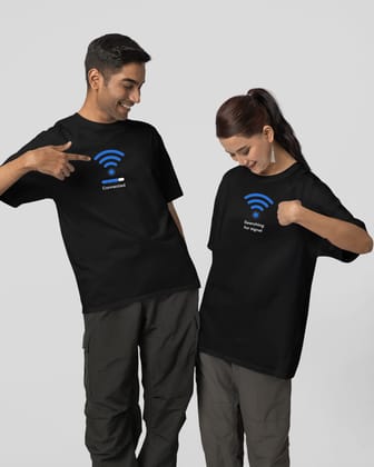 WiFi Couple T-Shirt - Round Neck Drop Shoulder Graphic Printed Oversized Cotton T-shirt-L / Male