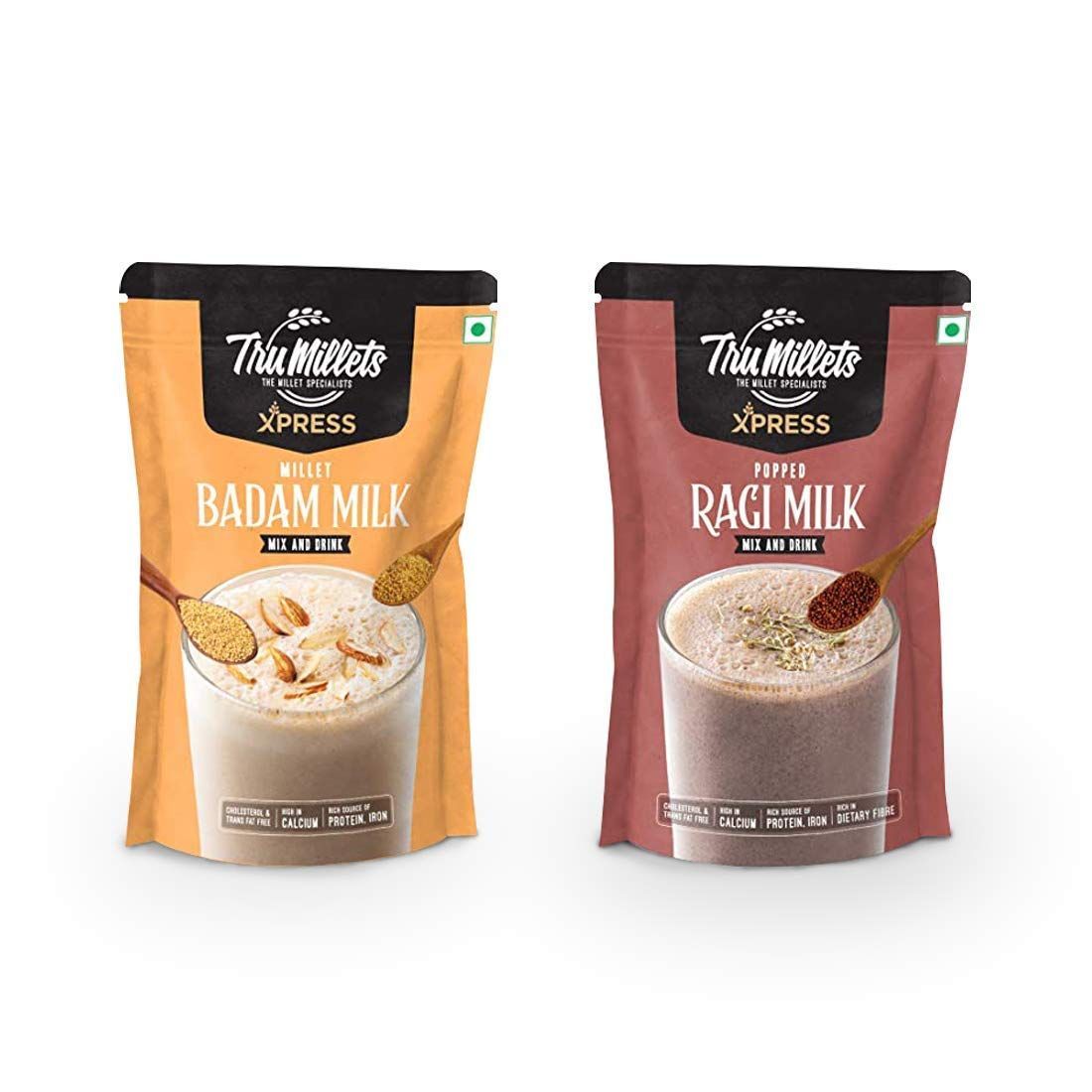 Trumillets Xpress - Healthy Millet Drink - Instant Mix | Nutrition for Adults (Men & Women), Kids- Health, Strength and Energy| No Preservatives| Gluten Free| Popped Ragi Milk & Badam Milk (Pack of 2)