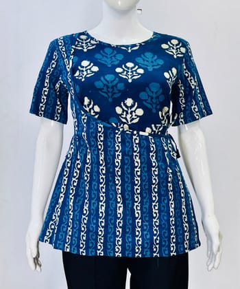 Indigo dyed cotton handblock printed top