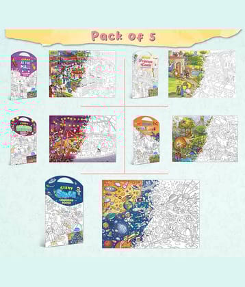 GIANT AT THE MALL COLOURING POSTER, GIANT PRINCESS CASTLE COLOURING POSTER, GIANT CIRCUS COLOURING POSTER, GIANT DINOSAUR COLOURING POSTER and GIANT SPACE COLOURING POSTER | Combo of 5 Posters I jumbo colouring poster for 9+