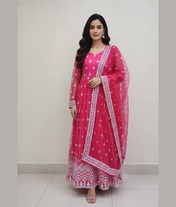 Apnisha Women's Net Semi Stitched Flared Ethnic Gown With Dupatta