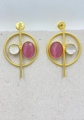 Gold Plated Circular Rose Quartz Drop Earrings