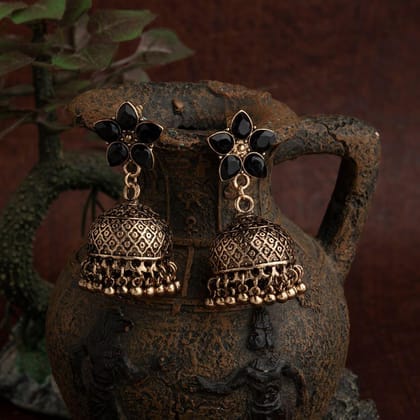 Gold Plated Floral Designed Stone Studded Antique Jhumki Earring- AER 1628