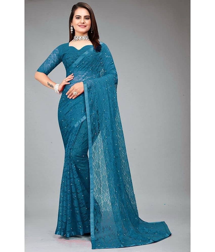 VANRAJ CREATION Brasso Self Design Saree With Unstitched Blouse Piece ( Teal )