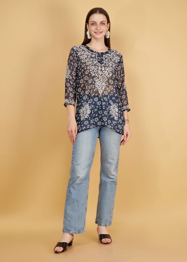 Hand Embroided Lucknow Chikankar Short Straight Georgette Kurta