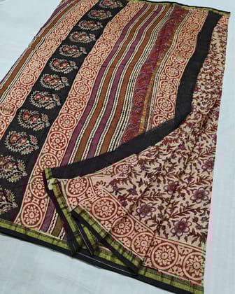 Whispering Petals Kalamkari Chanderi Silk Mild Beige Saree